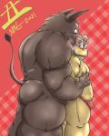  2021 4:5 anthro brown_body brown_fur bulge butt clothing duo fur genital_outline humanoid_hands kemono male male/male mammal moobs musclegut nipples overweight overweight_male penis_outline pig_fat_bat suid suina sus_(pig) tongue tongue_out underwear wild_boar 