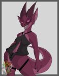  anthro breasts clothed clothing dungeons_and_dragons female hasbro hi_res horn humanoid kobold looking_at_viewer non-mammal_breasts purple_body purple_scales scales scalie simple_background small_breasts solo squiggz_(artist) teeth_showing wizards_of_the_coast 