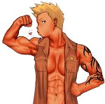  1girl abs biceps blonde_hair borrowed_character breasts breasts_apart brown_vest cessa commission flexing hand_on_hip heart muscular muscular_female navel no_bra original pose profile short_hair simple_background solo tattoo upper_body vest white_background 