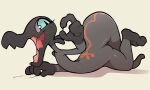  5:3 absurd_res anthro blue_eyes blush bodily_fluids drooling eyelashes female flat_chested hi_res itsunknownanon looking_at_viewer lying nintendo on_front open_mouth pok&eacute;mon pok&eacute;mon_(species) salandit saliva simple_background solo video_games 