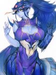  1girl alternate_costume blue_skin breasts cleavage colored_skin covered_navel covered_nipples earrings fumio_(rsqkr) gauntlets highres jewelry large_breasts lips long_hair looking_at_viewer overwatch ponytail simple_background solo visor white_background wide_hips widowmaker_(overwatch) yellow_eyes 