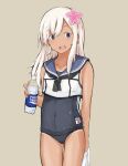  1girl absurdres black_neckwear blonde_hair blue_eyes bottle chagamaka cowboy_shot crop_top flower grey_background hair_flower hair_ornament highres kantai_collection long_hair neckerchief one-piece_tan open_mouth pocari_sweat ro-500_(kantai_collection) round_teeth school_swimsuit simple_background sleeveless solo standing sweat swimsuit swimsuit_under_clothes tan tanline teeth upper_teeth 