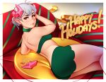  1girl bare_shoulders borrowed_character cinder_(norasuko) demon_girl demon_horns english_text feet_out_of_frame grey_hair hair_bun happy_holidays horns looking_at_viewer lying on_side original pillow pink_horns red_eyes ribbon solo tsuaii yellow_ribbon 