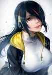  1girl bangs black_hair breasts bright_pupils brown_eyes closed_mouth drawstring emperor_penguin_(kemono_friends) hair_over_one_eye headphones highres hood hood_down hooded_jacket jacket kemono_friends large_breasts leotard lips long_hair looking_at_viewer multicolored_hair red_hair smile solo streaked_hair swept_bangs takami_masahiro taut_clothes turtleneck two-tone_hair upper_body white_pupils 
