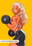  1girl biceps black_shorts cessa dorohedoro dumbbell ear_piercing earrings from_side jewelry long_hair muscular muscular_female noi_(dorohedoro) parted_lips piercing red_eyes shorts simple_background solo sweatdrop watermark web_address weightlifting white_hair yellow_background 