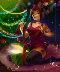  anthro big_breasts breasts canid canine canis christmas christmas_tree collar domestic_dog female gift hi_res holidays kneeling mammal plant solo tree wide_hips yurai 