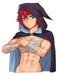  1girl abs biceps black_cape breasts cape cessa commission cropped_torso freckles green_eyes hair_between_eyes highres hood hood_up muscular muscular_female original red_hair sarashi shadow short_hair simple_background solo underboob upper_body white_background 