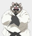  2021 anthro beard brown_body brown_fur clothed clothing eyewear facial_hair fur glasses hi_res kemono male mammal mustache overweight overweight_anthro overweight_male simple_background solo suid suina sus_(pig) taro_heppoko wild_boar 