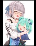  2girls ^_^ absurdres aran_sweater bangs bespectacled black_choker blue_ribbon blunt_bangs blush breasts choker cleavage closed_eyes collarbone commentary cross-laced_clothes detached_sleeves double_bun eyebrows_behind_hair eyebrows_visible_through_hair glasses green_hair grey_sweater hair_ornament hair_ribbon height_difference highres hololive hug huge_filesize kanno_esuto large_breasts multiple_girls off-shoulder_sweater off_shoulder pillarboxed ribbon semi-rimless_eyewear shirogane_noel short_hair silver_hair simple_background skull_hair_ornament small_breasts snowflake_choker sweater uruha_rushia virtual_youtuber white_background yuri |d 