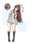  :o ahoge bangs black_legwear breasts brown_hair catchphrase grey_sweater hair_intakes hands_in_pockets highres huge_ahoge kantai_collection kneehighs kuma_(kantai_collection) leaning_to_the_side long_hair looking_at_viewer mitsuru_(habihapi) no_shoes red_eyes simple_background small_breasts speech_bubble sweater 