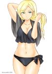  1girl bikini black_bikini blonde_hair breasts cleavage collarbone commentary_request cowboy_shot green_eyes hair_between_eyes kantai_collection kudou_(ooabareteng) large_breasts long_hair looking_at_viewer mole mole_under_eye mole_under_mouth richelieu_(kantai_collection) side-tie_bikini simple_background solo standing swimsuit twitter_username white_background 