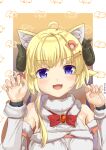  1girl :d absurdres ahoge animal_ear_fluff animal_ears bangs bare_shoulders blush bow breasts cat_ears claw_pose commentary_request curled_horns detached_sleeves eyebrows_visible_through_hair fur-trimmed_sleeves fur_trim hair_ornament hairclip hands_up highres hololive horns kemonomimi_mode long_hair medium_breasts nail_polish ohiensis open_mouth pink_nails purple_eyes red_bow sheep_ears sheep_girl sheep_horns smile solo tsunomaki_watame twitter_username upper_body v-shaped_eyebrows virtual_youtuber white_sleeves 