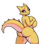  big_breasts big_butt bodily_fluids breasts butt chubby_female female genital_fluids hand_on_breast horn huge_breasts kobold looking_at_viewer looking_back pussy_juice raised_tail simple_background solo sorc white_background yellow_body yellow_eyes yellow_skin 