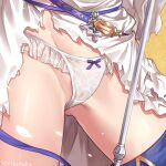  1girl ass_visible_through_thighs bow bow_panties close-up dress granblue_fantasy jeanne_d&#039;arc_(granblue_fantasy) lower_body panties purple_ribbon ribbon simple_background solo torimaru torn_clothes torn_dress twitter_username underwear white_panties 