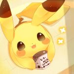  :3 blush_stickers brown_eyes coffee_milk commentary_request drink from_above gen_1_pokemon happy highres holding holding_drink looking_up milk milk_carton no_humans open_mouth pikachu pokemon pokemon_(creature) smile ushiina 