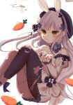  1girl absurdres animal_ears assault_rifle bangs bare_shoulders black_legwear blurry blurry_foreground blush breasts bunny_ears carrot detached_sleeves dress eyebrows_visible_through_hair floating floating_hair flower girls_frontline green_eyes grey_hair gun h&amp;k_hk416 hair_flower hair_ornament hairband hands_up hat highres hk416_(girls_frontline) long_hair long_sleeves looking_at_viewer open_mouth panties pantyhose parted_lips rifle sidelocks simple_background small_breasts solo teardrop thighhighs thighs torn_clothes torn_legwear underwear weapon white_background white_dress whitebc 