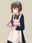  1girl alternate_costume apron black_dress bow bowtie brown_eyes brown_hair can chagamaka cowboy_shot dress enmaided fanta frilled_apron frills grey_background highres kantai_collection maid maid_headdress red_neckwear short_hair simple_background soda_can solo tray white_apron yukikaze_(kantai_collection) 