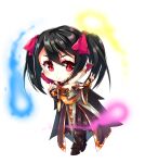  1girl bangs black_cape black_hair blush bow brown_pants cape chibi closed_mouth coat commission cosplay defense_of_the_ancients dota_2 double_v full_body hair_bow high_collar highres invoker_(dota) invoker_(dota)_(cosplay) long_hair love_live! love_live!_school_idol_project magic nechynn pants pink_bow red_eyes second-party_source shiny shiny_hair simple_background smile solo transparent_background twintails v white_coat yazawa_nico 