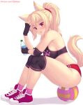  1girl animal_ears armpits bare_shoulders black_gloves blonde_hair bottle breasts buruma crop_top fingerless_gloves fox_ears fox_girl fox_tail gloves hand_up highres holding knee_pads large_breasts long_hair looking_at_viewer midriff nottytiffy open_mouth original pink_legwear ponytail red_buruma red_eyes shoes simple_background sitting sleeveless slit_pupils sneakers socks solo sports_bra sweat tail thighs tiffy_(nottytiffy) volleyball white_background 