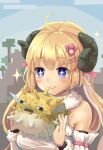  +_+ 1girl absurdres ahoge animal animal_ears bangs blonde_hair blush breasts closed_mouth commentary_request curled_horns detached_sleeves eyebrows_visible_through_hair fish fur-trimmed_sleeves fur_trim hair_between_eyes hair_ornament hairclip hands_up highres holding holding_animal hololive horns long_hair medium_breasts minecraft ohiensis puffer_fish sheep_ears sheep_girl sheep_horns smile solo sparkle tsunomaki_watame upper_body virtual_youtuber white_sleeves 