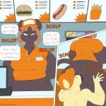  1:1 anal anthro anus bangs belly big_breasts big_butt bottomless breasts burger butt canid canine canis clothed clothing comic dialogue domestic_dog duo english_text fast_food felid female food fries hands_on_hips hat headgear headwear hi_res hocolatemilk hot_dog lexie_(snivybatt) long_tail looking_at_viewer male mammal midriff name_tag navel nude onomatopoeia oral overweight pantherine polo_shirt public restaurant rimming sex shirt sound_effects spread_anus spread_butt spreading text topwear uniform wide_hips 