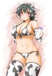  1girl akimoto_dai animal_ears animal_print artist_name bikini black_hair bottle breasts collarbone commentary_request cow_ears cow_horns cow_print cowboy_shot dated elbow_gloves fake_animal_ears fake_horns fingerless_gloves front-tie_top gloves hair_flaps highres horns jingei_(kantai_collection) kantai_collection large_breasts long_hair looking_at_viewer low_ponytail milk navel parted_lips red_eyes side-tie_bikini skindentation solo standing swimsuit thighhighs white_bikini white_gloves white_legwear 