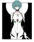  1girl absurdres ayanami_rei bangs blue_hair bodysuit breasts closed_mouth eyebrows_visible_through_hair hair_between_eyes highres interface_headset medium_breasts neon_genesis_evangelion plugsuit red_eyes short_hair signature simple_background solo taida twitter_username two-tone_background white_bodysuit 