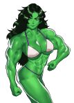  1girl abs bikini black_hair breasts cessa cleavage clenched_hands colored_skin cowboy_shot flexing green_eyes green_skin highres large_breasts long_hair looking_at_viewer marvel muscular muscular_female pose she-hulk simple_background smile solo swimsuit white_background white_bikini 