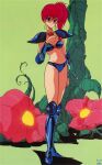  1980s_(style) 1girl armor armored_boots asagiri_youko bangs bikini bikini_armor blue_bikini blue_footwear boots bracer earrings flower full_body genmu_senki_leda green_background highres jewelry knee_boots long_hair official_art pauldrons plant red_eyes red_hair retro_artstyle shoulder_armor side_ponytail simple_background solo standing swimsuit 