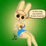  1:1 absurd_res adepthzone animal_crossing anthro breasts clothing coco_(animal_crossing) dress english_text female green_background hi_res lagomorph leporid mammal nintendo nipples rabbit simple_background solo text undressing video_games yellow_body 