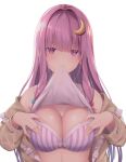  1girl alternate_costume bangs blue_bow blunt_bangs bow bow_bra bra breasts cleavage crescent crescent_hair_ornament hair_ornament large_breasts long_hair looking_at_viewer mouth_hold multiple_girls patchouli_knowledge purple_bra purple_hair red_bow simple_background solo striped striped_bra touhou underwear upper_body usagimiko white_background 
