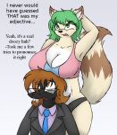 anthro barn-flakes big_breasts breasts cleavage clothed clothing dialogue duo english_text eyewear female geckoguy123456789 glasses hair huge_breasts male mammal procyonid raccoon text 