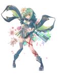  1girl absurdres boots efu_(ehutan) eyebrows_visible_through_hair eyes_visible_through_hair flower geta green_eyes green_hair hair_flower hair_ornament highres holding leg_ribbon long_legs magia_record:_mahou_shoujo_madoka_magica_gaiden magical_girl mahou_shoujo_madoka_magica natsume_kako red_ribbon ribbon solo soul_gem white_flower white_ribbon 