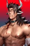  1boy abs animal_ears arknights bara blood blood_from_mouth blood_on_face brown_eyes brown_hair collar cow_boy cow_ears cow_horns cuts highres horns injury male_focus matterhorn_(arknights) medium_hair muscular muscular_male nipples nude pectoral_focus pectorals powerlesssong solo upper_body 