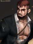  1boy abs bara bare_pecs beard black_hair black_suit blood blood_on_face bloody_clothes bound bound_wrists brown_eyes chest_hair facial_hair formal frown highres jacket looking_at_viewer male_focus midriff_peek multicolored_hair muscular muscular_male open_clothes open_jacket open_shirt original pectoral_focus pectorals powerlesssong red_hair see-through shibari shirt short_hair solo two-tone_hair undercut upper_body wet wet_clothes wet_shirt white_shirt 