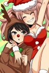  :o alternate_costume animal_costume antlers arm_up bangs black_hair blush bow breast_press breasts cheek_press christmas closed_eyes collarbone commentary_request danganronpa:_trigger_happy_havoc danganronpa_(series) dress enoshima_junko eyebrows_visible_through_hair freckles fur-trimmed_headwear fur_trim green_background green_bow grin hands_up hat hood hood_up ikusaba_mukuro large_breasts long_hair long_sleeves looking_at_viewer multiple_girls nico_(nico_alice) open_mouth red_dress reindeer_antlers reindeer_costume santa_costume santa_hat short_hair siblings sisters smile striped striped_background twintails two-tone_background yellow_background 