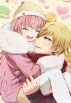  1boy 1girl :d andou_ruruka arms_around_neck beanie blonde_hair blush bow candy_wrapper carrying closed_eyes commentary_request couple danganronpa_(series) danganronpa_3_(anime) fur-trimmed_jacket fur_trim hat heart hetero highres hug izayoi_sounosuke jacket long_sleeves looking_at_another nico_(nico_alice) open_mouth pantyhose parfait pink_bow pink_hair pink_jacket princess_carry red_jacket short_hair skirt smile upper_teeth white_legwear 