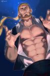  1boy abs bara bare_pecs beard black_pants blonde_hair bulge character_request dutch_angle facial_hair fullmetal_alchemist hair_slicked_back highres long_hair male_focus muscular muscular_male navel night night_sky nipples old old_man open_clothes open_hands open_shirt pants pectorals ponytail powerlesssong shirt short_hair sky solo stomach white_shirt wind 