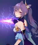  1girl bare_shoulders blue_background breasts closed_mouth dagger dress electricity energy_weapon flower from_behind genshin_impact gloves hair_between_eyes hair_flower hair_horns hair_ornament highres holding holding_dagger holding_weapon keqing lavelis looking_at_viewer looking_back medium_breasts pink_eyes purple_dress purple_gloves purple_hair solo twintails weapon white_flower 