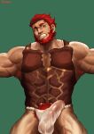  1boy armpit_hair bara bare_shoulders beard bound bound_arms bulge cleavage_cutout clothing_cutout commission cowboy_shot erection erection_under_clothes excessive_pubic_hair facial_hair fate/grand_order fate/zero fate_(series) fundoshi head_tilt highres iskandar_(fate) japanese_clothes leather male_focus male_pubic_hair muscular muscular_male original pectorals powerlesssong pubic_hair red_eyes red_hair scar_on_arm short_hair solo sweatdrop thick_thighs thighs veins wet_male_underwear white_male_underwear 