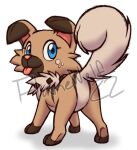  2021 blep blue_eyes brown_body brown_fur butt canid canine cheek_tuft distracting_watermark eyelashes facial_tuft featureless_crotch female feral fur mammal nintendo pink_nose pok&eacute;mon pok&eacute;mon_(species) presenting presenting_hindquarters quadruped raised_tail rear_view rockruff simple_background solo tan_body tan_fur tongue tongue_out tre_pinkney tuft video_games watermark white_background 