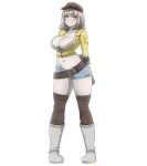  1girl absurdres alternate_costume arm_grab arms_behind_back bangs belt boots breasts brown_belt brown_eyes brown_headwear brown_legwear cleavage closed_mouth collarbone cosplay_request cropped_jacket danganronpa_(series) danganronpa_2:_goodbye_despair fishywishy full_body gloves groin hat highres jacket knee_boots large_breasts light_brown_hair long_sleeves looking_at_viewer medium_hair midriff mole mole_on_breast nanami_chiaki navel short_shorts shorts simple_background smile solo standing thighhighs white_background yellow_jacket 
