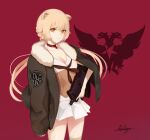  1girl :3 animal_ears arknights assault_rifle bangs bear_ears blonde_hair braid breasts bullpup chaciooh choker cleavage dress fur-trimmed_jacket fur_trim girls_frontline gun highres holding holding_gun holding_weapon jacket long_hair looking_at_viewer ots-14 ots-14_(girls_frontline) ponytail red_background red_choker rifle signature single_thighhigh sleeveless sleeveless_dress smile solo thighhighs ursus_empire_logo very_long_hair vest weapon yellow_eyes 