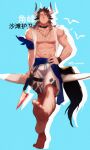  1boy abs animal_ears arknights bandana bara bare_pecs bare_shoulders brown_eyes brown_hair bulge chest_hair collar cow_boy cow_ears cow_horns feet foreshortening full_body hand_on_hip head_tilt highres horns leg_hair male_focus male_swimwear matterhorn_(arknights) matterhorn_(beach_guard)_(arknights) medium_hair muscular muscular_male navel navel_hair nipples official_alternate_costume open_clothes open_shirt pectorals powerlesssong see-through shorts soles solo standing standing_on_one_leg stomach swim_trunks swimwear tooth_necklace white_shorts 