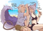  2girls animal_ears arknights bangs breasts cleavage closed_eyes dl drinking english_text eyebrows_visible_through_hair food large_tail long_hair mouse_ears mouse_tail multiple_girls popsicle provence_(arknights) pun purple_hair scavenger_(arknights) shirt shorts silver_hair t-shirt tail wolf_ears wolf_tail 