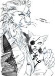  2020 5_fingers alternate_version_at_source anthro asian_clothing beastars black_and_white breasts canid canine chinese_clothing chinese_dress claws cleavage clothed clothing dolph_(beastars) dress duo east_asian_clothing english_text eye_patch eyewear facial_scar felid female finger_claws fingers fox fur hand_on_shoulder hi_res holding_necktie humanoid_hands lion looking_at_viewer male male/female mammal mane mizue monochrome necktie one_eye_obstructed open_mouth pantherine scar suit teeth ten_(beastars) text translated whiskers x_scar 