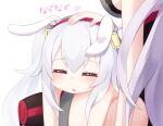  2girls :o animal_ears azur_lane bangs bare_shoulders blush breasts bunny_ears closed_eyes commentary_request eyebrows_visible_through_hair hair_between_eyes hair_ornament hairband kokone_(coconeeeco) laffey_(azur_lane) large_breasts long_hair lying multiple_girls on_lap on_stomach parted_lips petting prinz_eugen_(azur_lane) red_hairband simple_background translated twintails white_background white_hair 