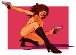  1girl artist_name boots brown_eyes brown_footwear brown_hair commentary_request dual_wielding gun handgun high_heel_boots high_heels holding knee_boots looking_to_the_side lupin_iii mine_fujiko no_pussy nude pistol q-bit shadow sig_sauer sig_sauer_p230 solo squatting tagme two-tone_background weapon 