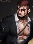  1boy abs bara bare_pecs beard black_hair black_suit bound bound_wrists brown_eyes chest_hair facial_hair formal frown highres jacket looking_at_viewer male_focus midriff_peek multicolored_hair muscular muscular_male open_clothes open_jacket open_shirt original pectoral_focus pectorals powerlesssong red_hair see-through shibari shirt short_hair solo two-tone_hair undercut upper_body wet wet_clothes wet_shirt white_shirt 