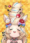  1girl alternate_hairstyle animal_ears blonde_hair blush bow buck_teeth closed_eyes club_hair_ornament commentary_request diamond_hair_ornament fox_ears fox_girl hair_bow hair_ornament hair_up highres holofive hololive mikan_(chipstar182) omaru_polka open_mouth playing_card_theme smile solo spade_hair_ornament virtual_youtuber 